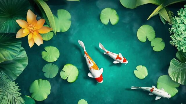 Pond with lotus and koi fish