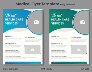 Modern medical flyer template design with healthcare services promotion in editable a4 size for advertising.