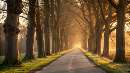 Naklejka premium Road to Serenity: A scenic road disappears into the distance, lined with towering trees that create a tunnel-like effect, bathed in the golden light of dawn, inviting contemplation.
