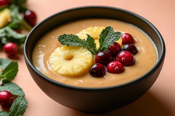 Bowl of smoothie topped with pineapple and cranberries.