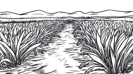 Black and white illustration of a field of plants