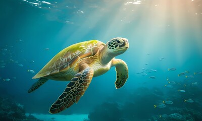 Obraz premium Majestic Sea Turtle Gracefully Swimming in the Ocean Depths
