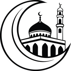 Ramadan Kareem logo. Black silhouette of a Islamic mosque and crescent with lanterns. Eid Mubarak, Mosque icon vector Illustration design template