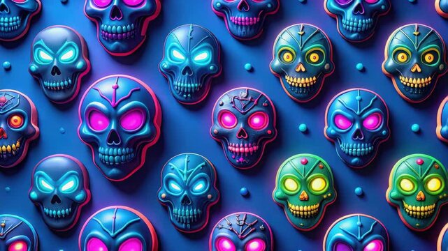 Many decorated skulls with glowing eyes are forming a spooky pattern, perfect for halloween projects.