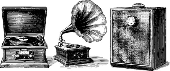 Vintage music collection: engraved illustrations of vinyl record player and gramophone set