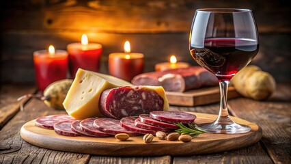 Aromatic cured sausage, aged cheese, and a glass of red wine, illuminated by candlelight on a rustic wooden table for an intimate evening