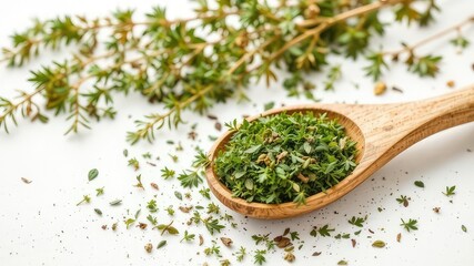 Rustic Wooden Spoon with Dried Oregano on White