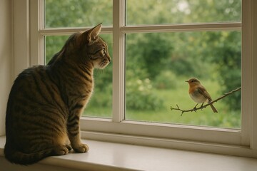 Cat watching bird through window