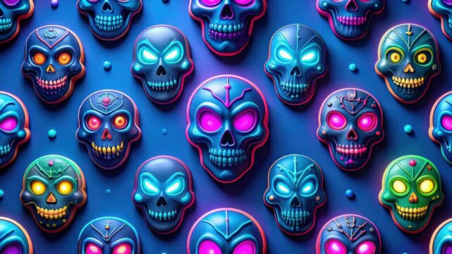 Glowing blue skull shaped cookies forming eerie halloween pattern against vivid blue backdrop.