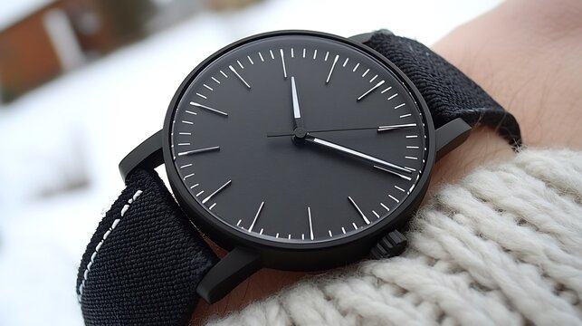 Minimalist Black Watch on Wrist with Winter Background in Outdoor Setting