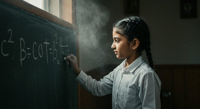 Focused young student writing math equations on a chalkboard in a classroom environment with natural light.
