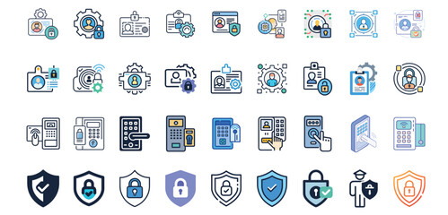Access Control and Security Icons.  Digital Identity, Biometrics, Secure Login, MFA, Shield Lock, Encryption Symbols for Business Use, Network Security, UI Design, and App Interfaces