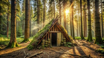 Secluded Woodland Shelter at Sunrise, Moss-Covered Rustic Cabin in a Sun-Dappled Forest