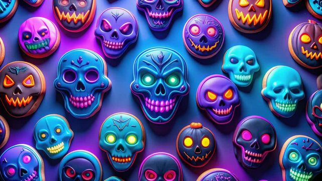 Many colorful halloween cookies shaped like glowing skulls are forming a spooky and festive pattern, perfect for the holiday.