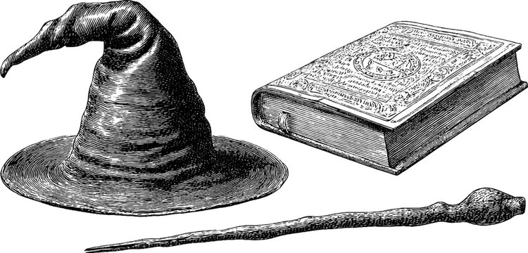 Vintage engraved set of wizard hat, magic book, and wand for fantasy design
