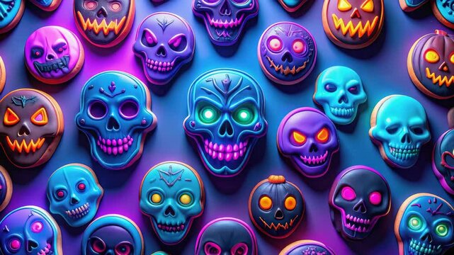 Many colorful halloween cookies shaped like glowing skulls are forming a spooky and festive pattern, perfect for the holiday.