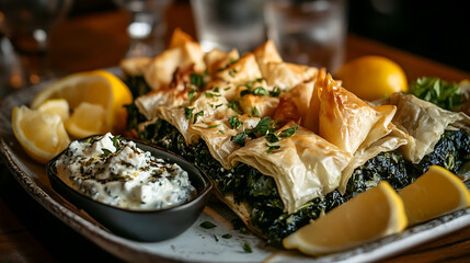 Golden Spanakopita Triangles with Feta Dip and Lemon Slices