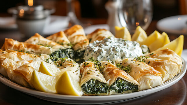 Golden Spanakopita Triangles with Tzatziki and Lemon Slices - Powered by Adobe