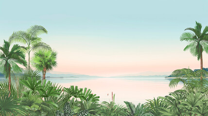 Dreamy Coastal Wall Mural: Pink Blue Sky, Lush Palms & Tranquil Sea Landscape © csinie1