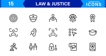 Law & Justice Icon Set Featuring Court, Lawyer, Gavel, Justice Scale, and Legal Concepts in a Clean, Professional Vector Style for Stock Use