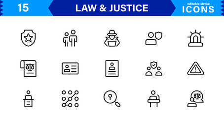 Law & Justice Icon Set Featuring Court, Lawyer, Gavel, Justice Scale, and Legal Concepts in a Clean, Professional Vector Style for Stock Use