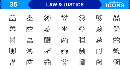 Law & Justice Icon Set Featuring Court, Lawyer, Gavel, Justice Scale, and Legal Concepts in a Clean, Professional Vector Style for Stock Use
