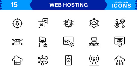 Vector Icon Collection for Web Hosting Including Server Management, Cloud Hosting, Domains, Security, and Web Infrastructure Tools for Digital Assets