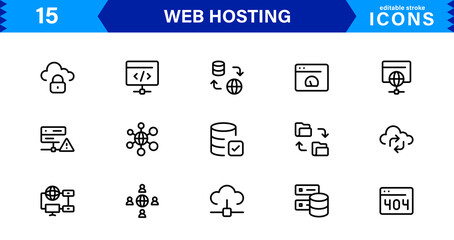 Vector Icon Collection for Web Hosting Including Server Management, Cloud Hosting, Domains, Security, and Web Infrastructure Tools for Digital Assets