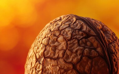 Single walnut macro shot with textured shell in sharp focus against blurred bokeh background.