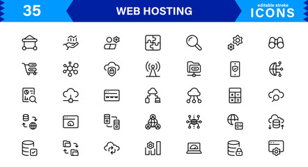 Vector Icon Collection for Web Hosting Including Server Management, Cloud Hosting, Domains, Security, and Web Infrastructure Tools for Digital Assets