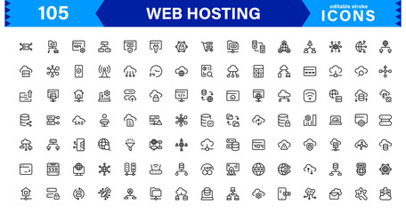 Vector Icon Collection for Web Hosting Including Server Management, Cloud Hosting, Domains, Security, and Web Infrastructure Tools for Digital Assets