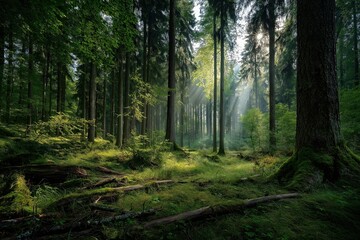 Naklejka premium Dense forest canopy with sunbeams illuminating natural foliage, perfect for environmental websites, eco-tourism promotions and calendar designs. 