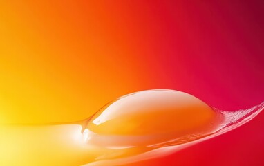 Broken raw egg with orange yolk on vibrant abstract yellow-red background.