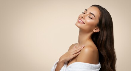 Young woman with a slim body and smooth, clean skin. Laser hair removal concept beige gradient background.	