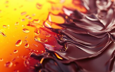 Close-up of abstract swirls of melting chocolate and caramel with droplets on glossy surface.