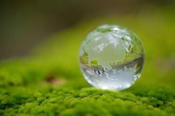 Glass Globe Showing Asia Resting On Lush Green Moss Surface