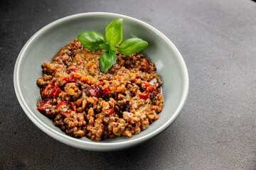Lentil dish vegetables and roasted peppers savory vegetable fresh vegetarian and vegan food gourmet food background on the table rustic food top view copy space keto and paleo diet