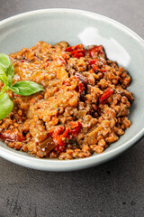 Lentil dish vegetables and roasted peppers savory vegetable fresh vegetarian and vegan food gourmet food background on the table rustic food top view copy space keto and paleo diet