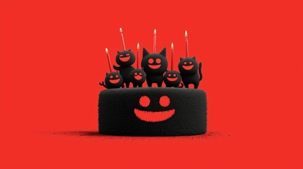 Quirky Halloween and Birthday combo, spooky cake with candles, neon red background, fun party concept