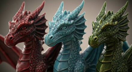 Fototapeta premium Three miniature dragons, red, blue, and green, detailed scales and horns, captivating poses