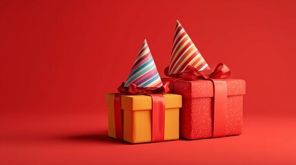 Ridiculous Christmas and Birthday combo, present with party hat, electric red background, festive celebration