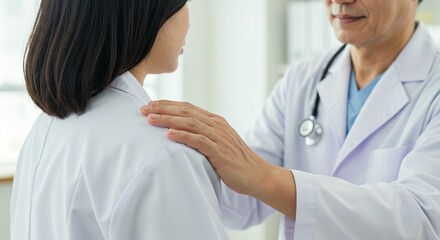 Doctor comforting patient with hand on shoulder, conveying support and reassurance in a clinical setting.