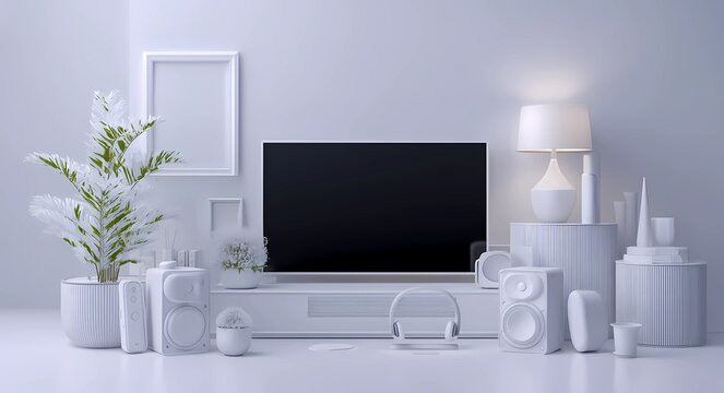 Ultra-modern white media center with tech decoration.
