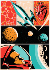 Abstract Space Poster. Space Rocket, Astronaut Helmet, Alien Planets, Heart. Geometric Shapes, 1980s Colors
