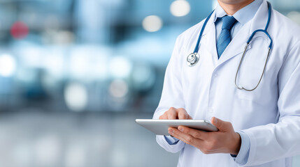 Male doctor in white coat uses tablet in a modern medical facility.