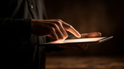 Close up of a man's hand interacting with a glowing tablet screen on dark background.
