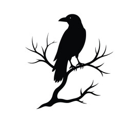 Minimalist Crow on Tree Branch Silhouette Black and White  
