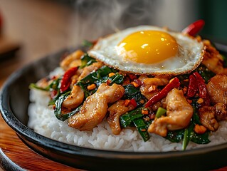 Sizzling thai basil chicken with rice restaurant kitchen food close-up warm atmosphere culinary delight