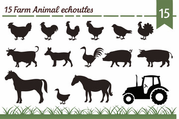 Farm Animal Silhouettes Bundle 15 Vector Elements