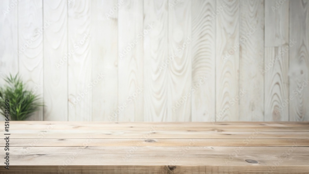 Poster A Rustic Wooden Tabletop with a Blurred Light Wood Panel Background and a Hint of Greenery